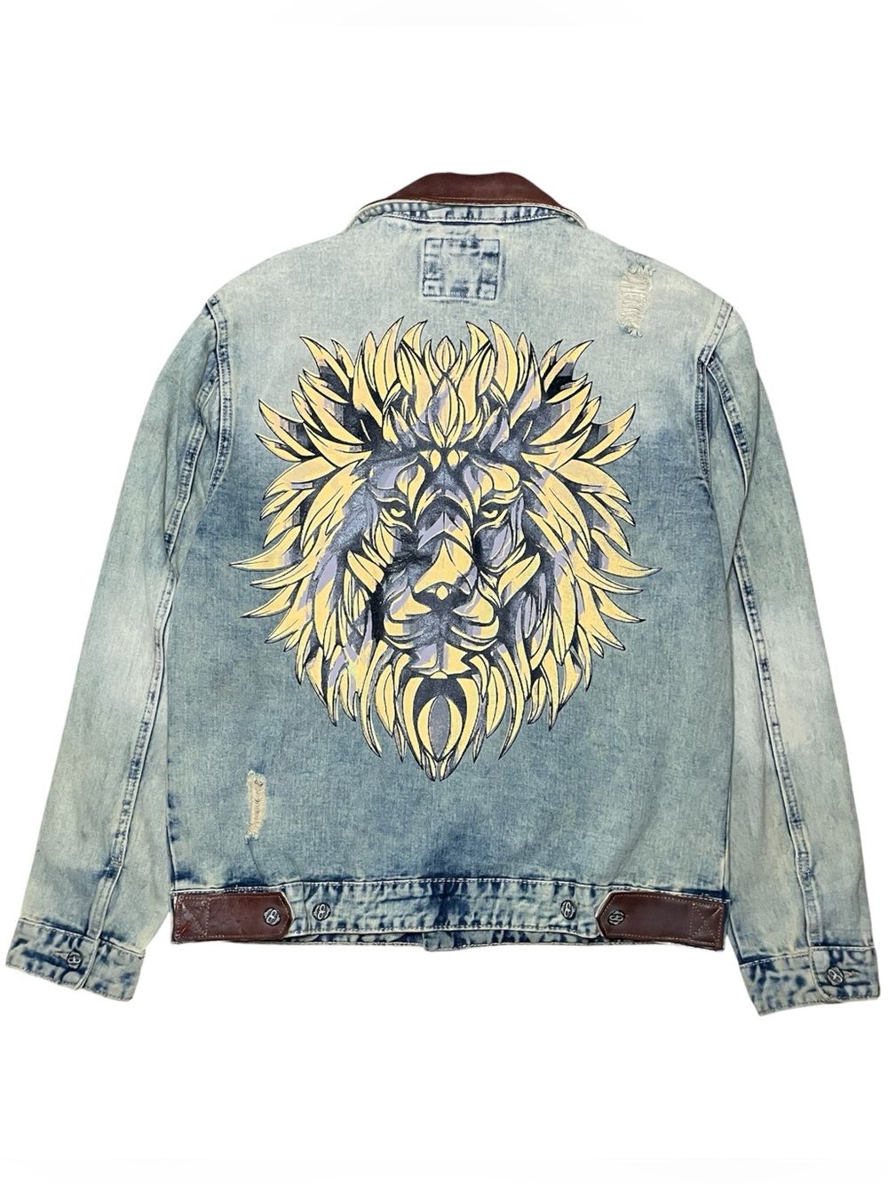 Vintage 90s OP Ocean Pacific Denim Jacket Leather Distressed Lion Mens Medium
